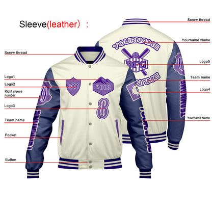 Custom White Purple Letterman Varsity Jacket Personalized Embroidery Printing