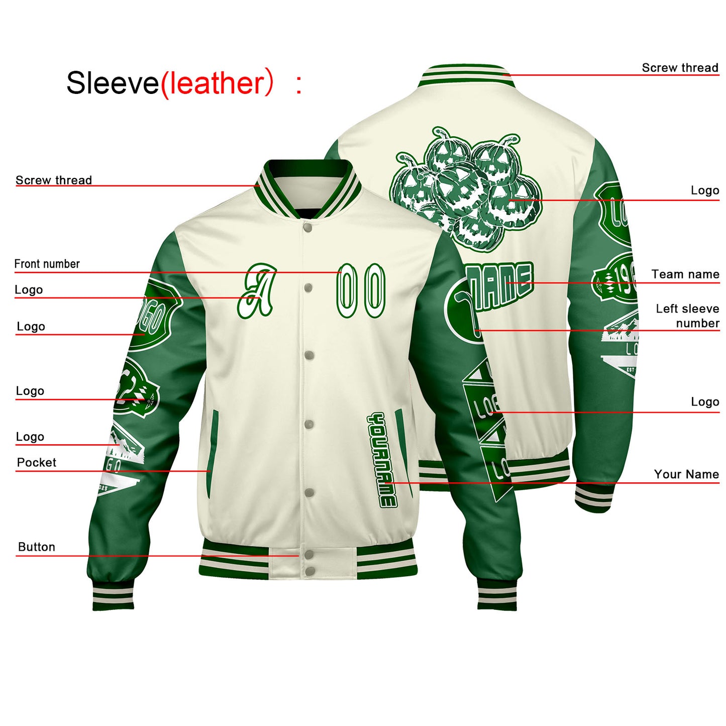 Custom White Grass Green Letterman Varsity Jacket Personalized Embroidery Printing