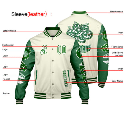 Custom White Grass Green Letterman Varsity Jacket Personalized Embroidery Printing