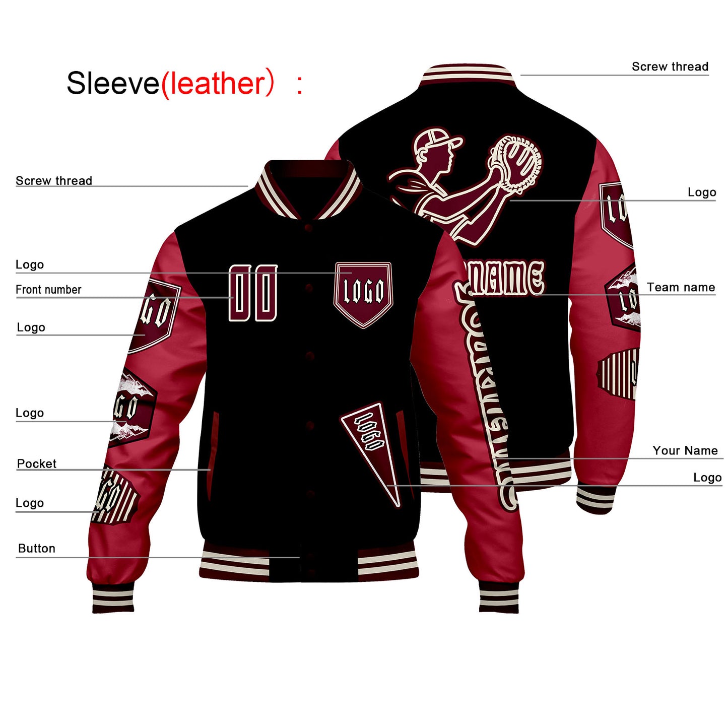 Custom Black Red Letterman Varsity Jacket Personalized Embroidery Printing