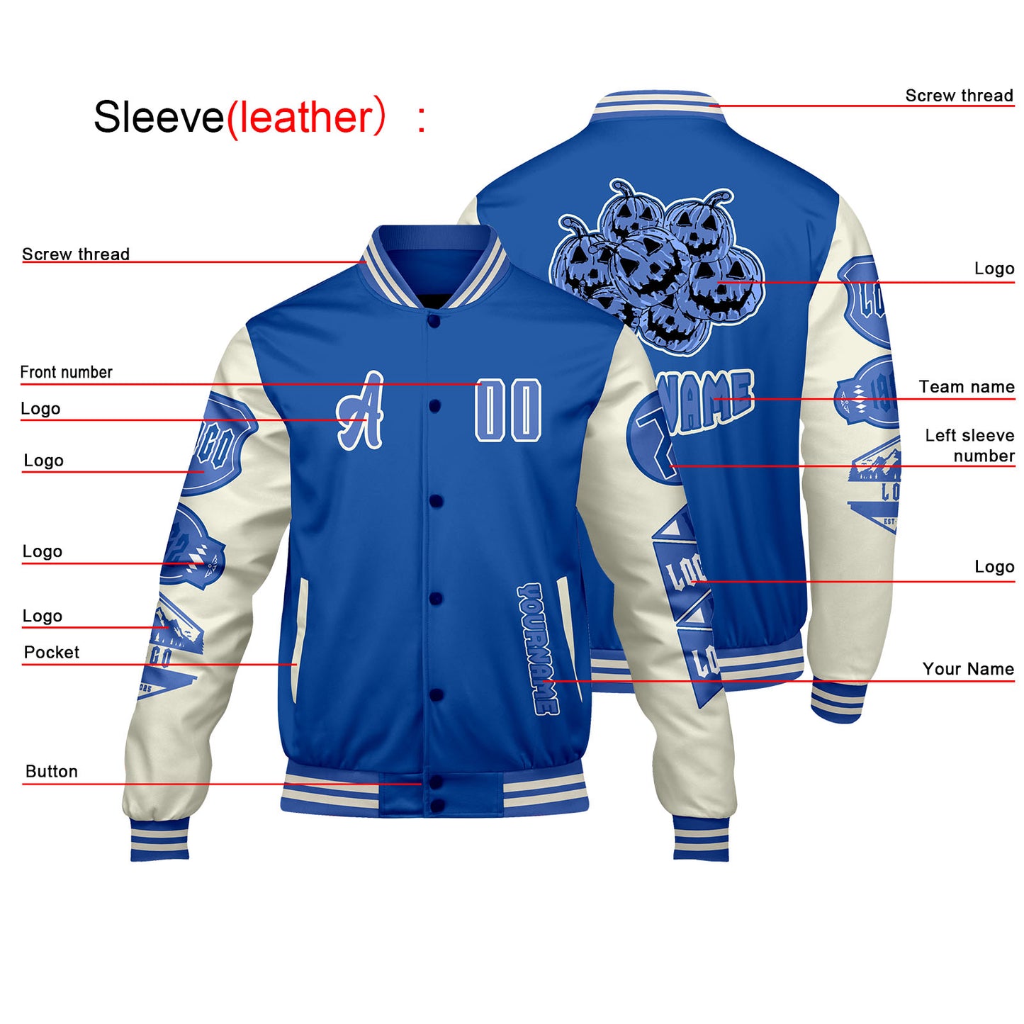 Custom Blue White Letterman Varsity Jacket Personalized Embroidery Printing