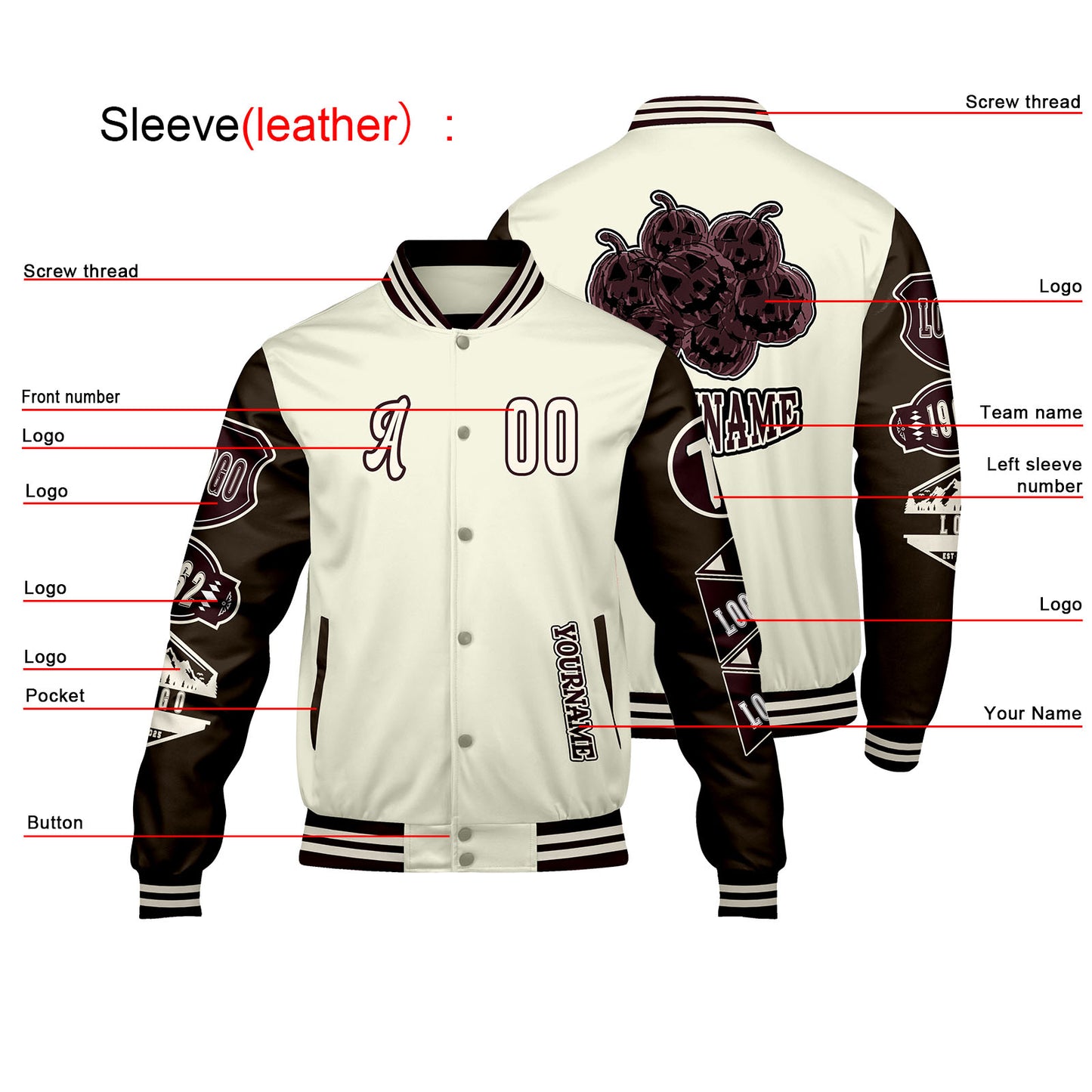Custom White Brown Letterman Varsity Jacket Personalized Embroidery Printing