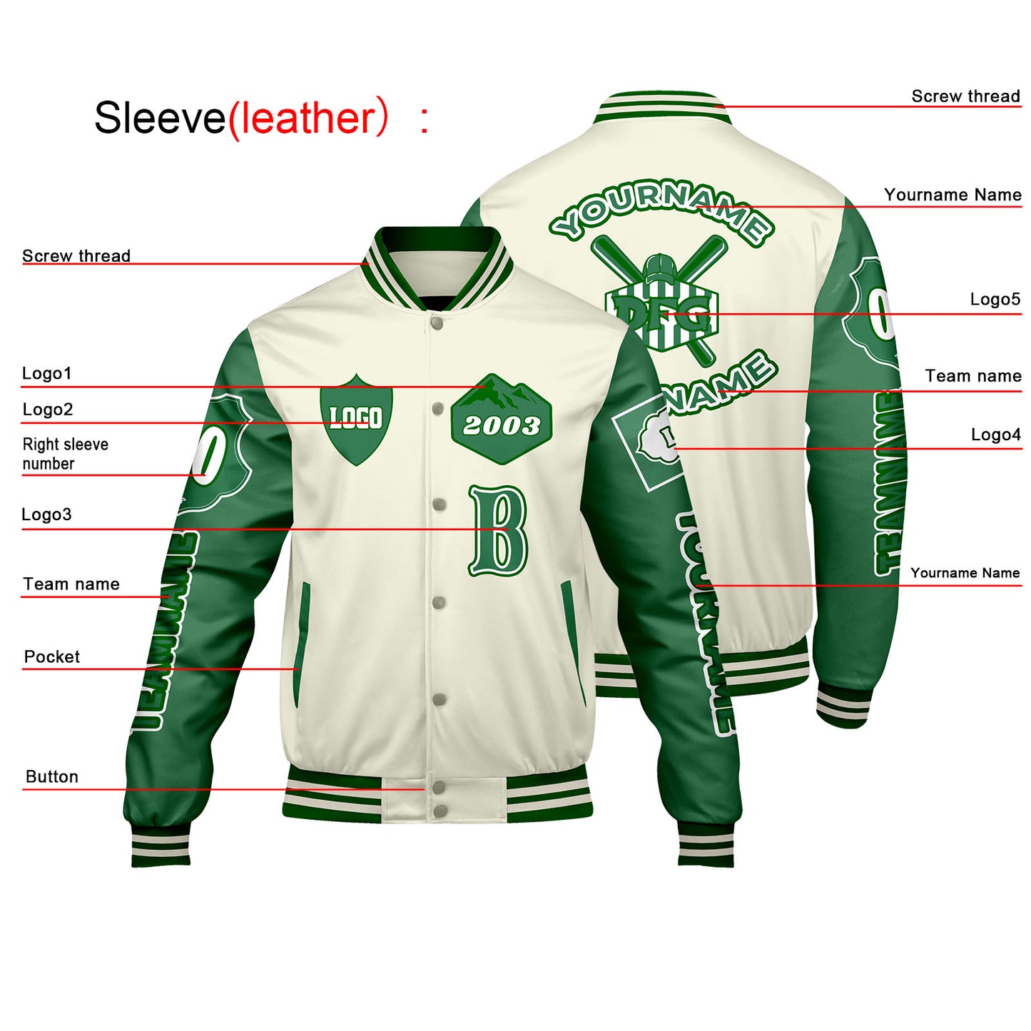 Custom White Green Letterman Varsity Jacket Personalized Embroidery Printing