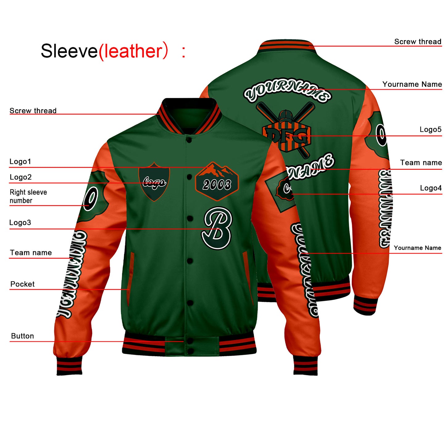 Custom Green Orange Letterman Varsity Jacket Personalized Embroidery Printing