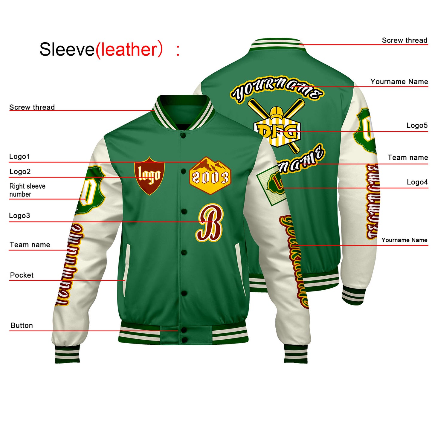 Custom Green White Letterman Varsity Jacket Personalized Embroidery Printing