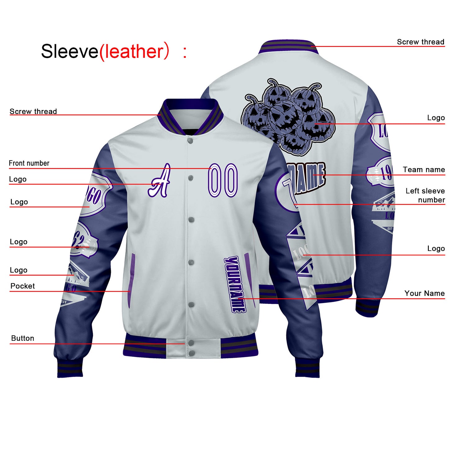 Custom Gray Purple Letterman Varsity Jacket Personalized Embroidery Printing