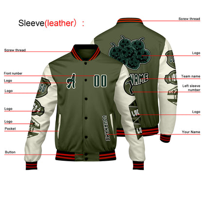 Custom Olive Green White Letterman Varsity Jacket Personalized Embroidery Printing