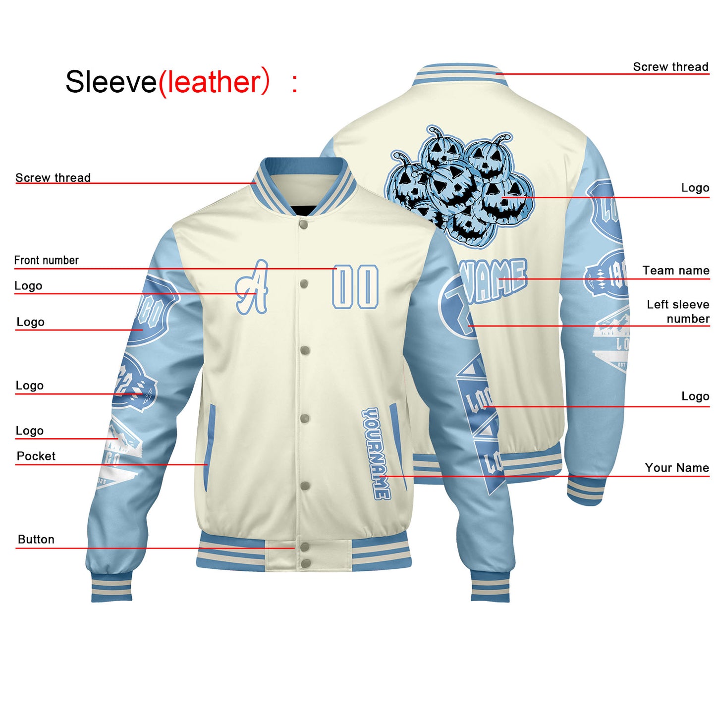 Custom White Lion Blue Letterman Varsity Jacket Personalized Embroidery Printing