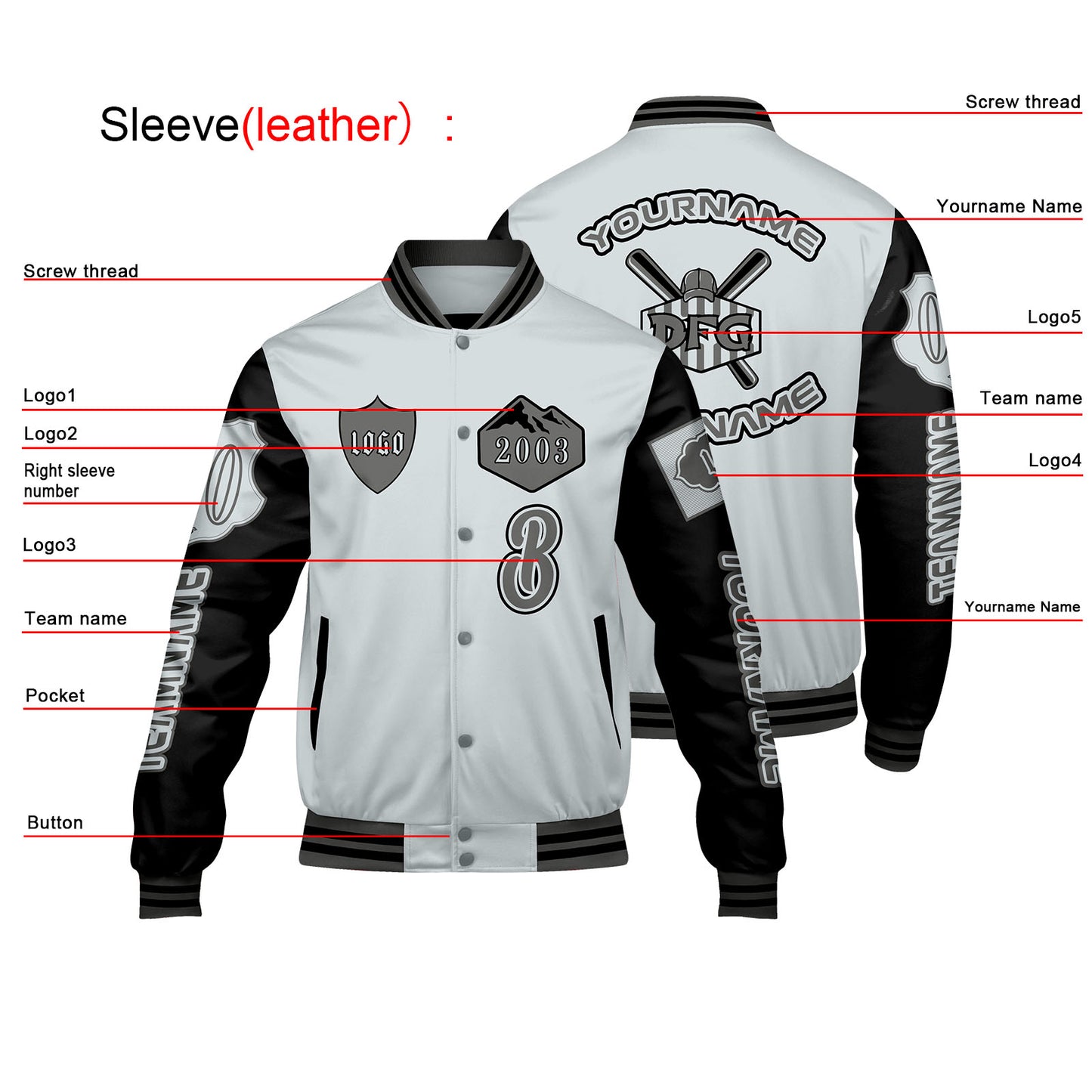 Custom Gray Black Letterman Varsity Jacket Personalized Embroidery Printing