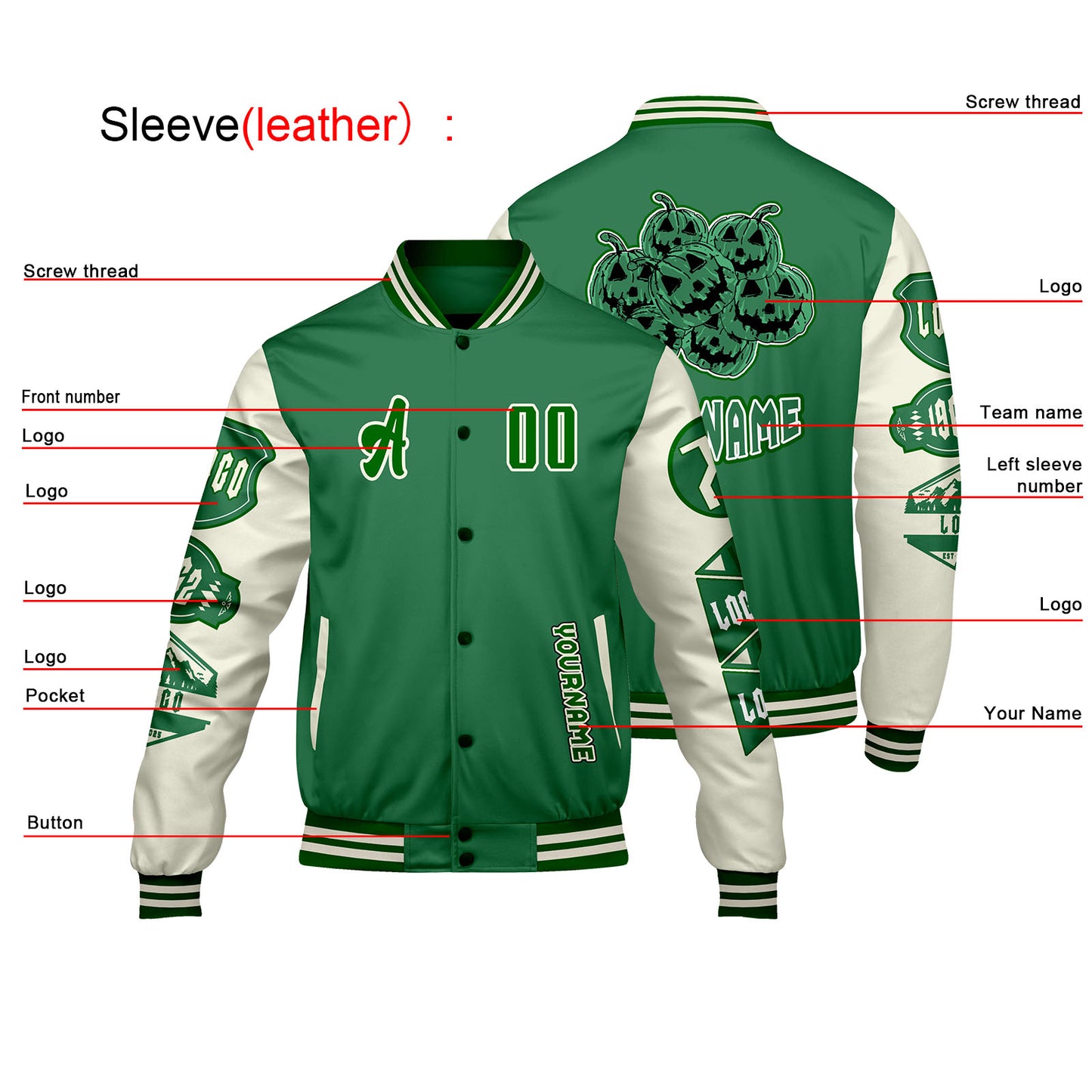 Custom Green White Letterman Varsity Jacket Personalized Embroidery Printing