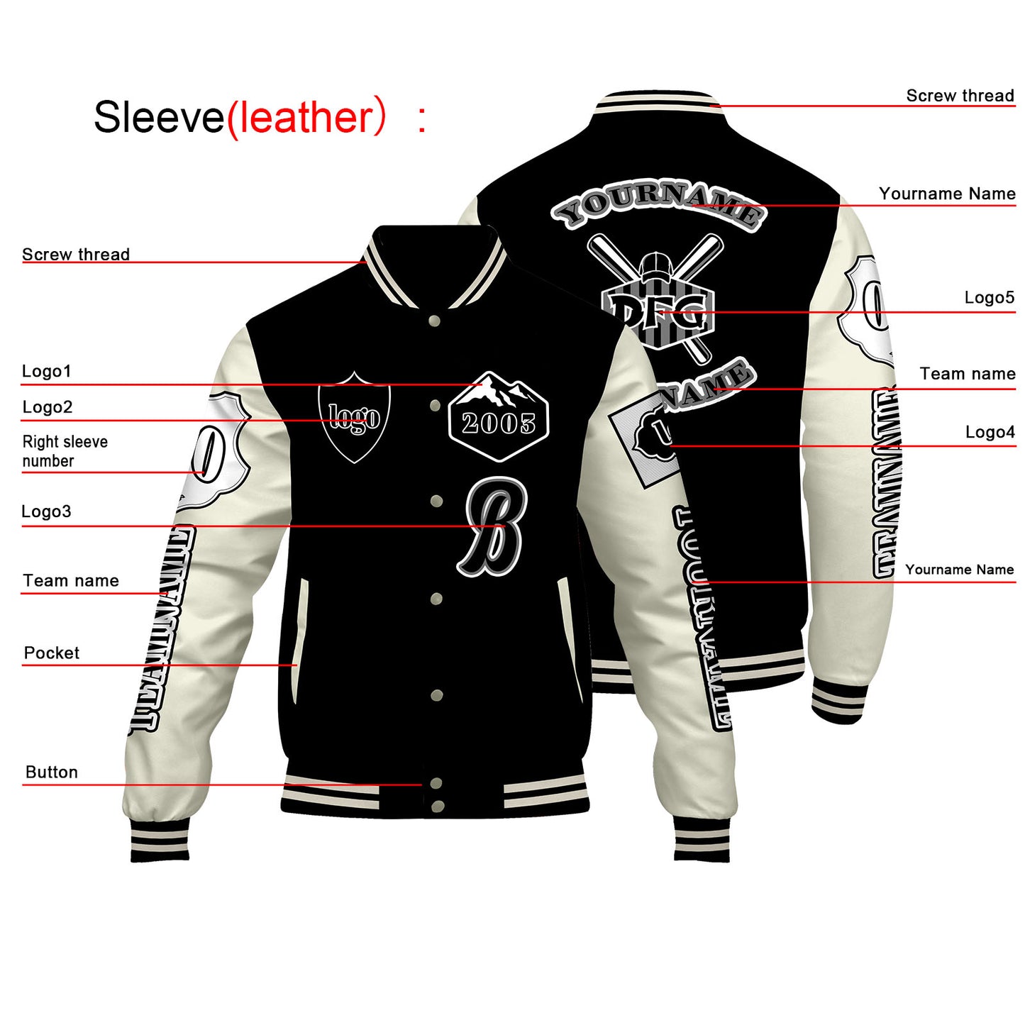 Custom Black White Letterman Varsity Jacket Personalized Embroidery Printing