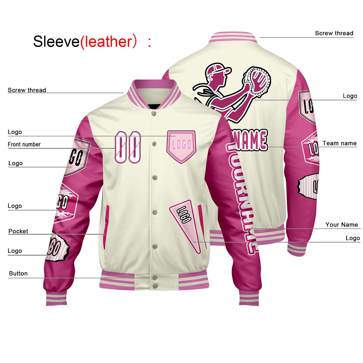 Custom White Pink Letterman Varsity Jacket Personalized Embroidery Printing