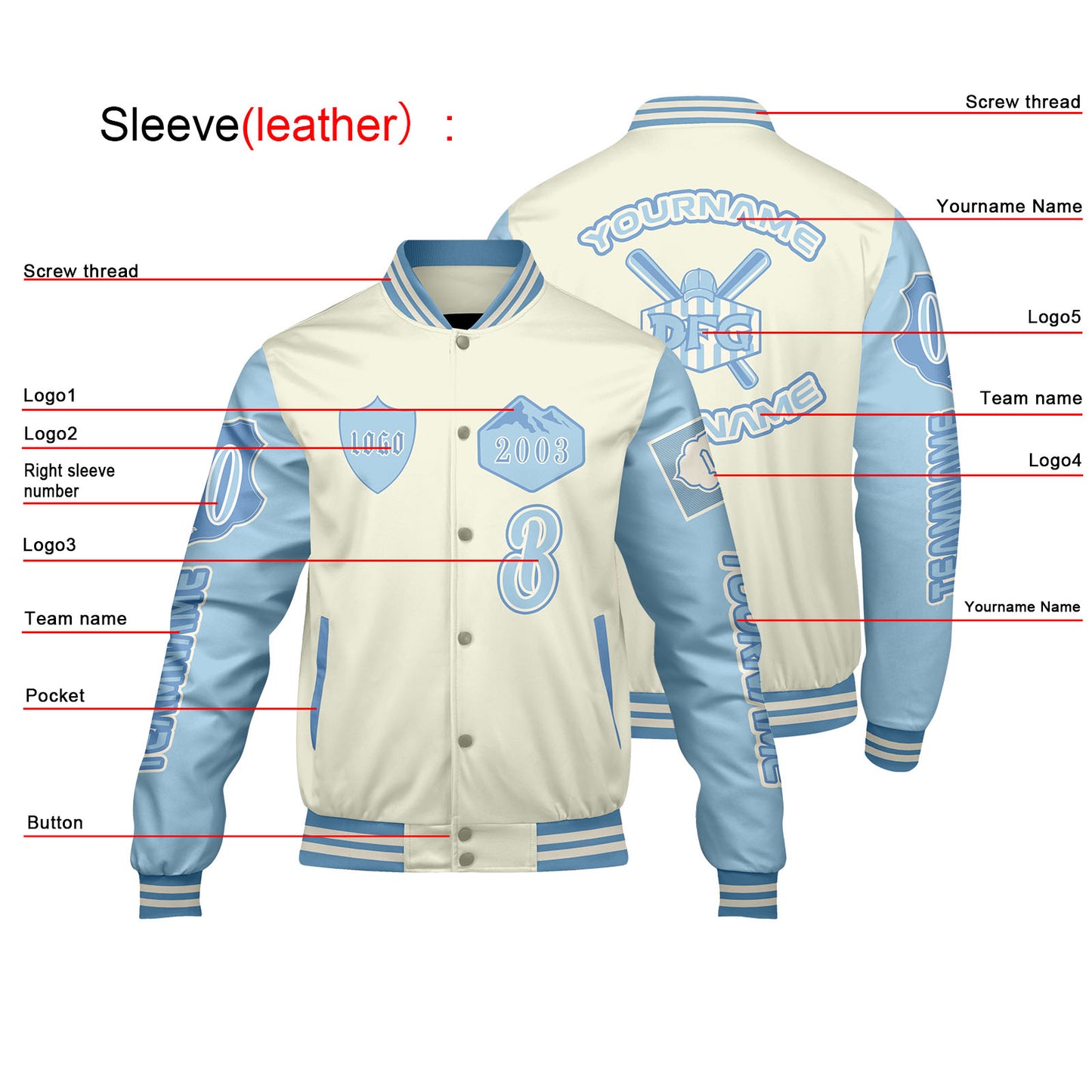 Custom White Blue Letterman Varsity Jacket Personalized Embroidery Printing