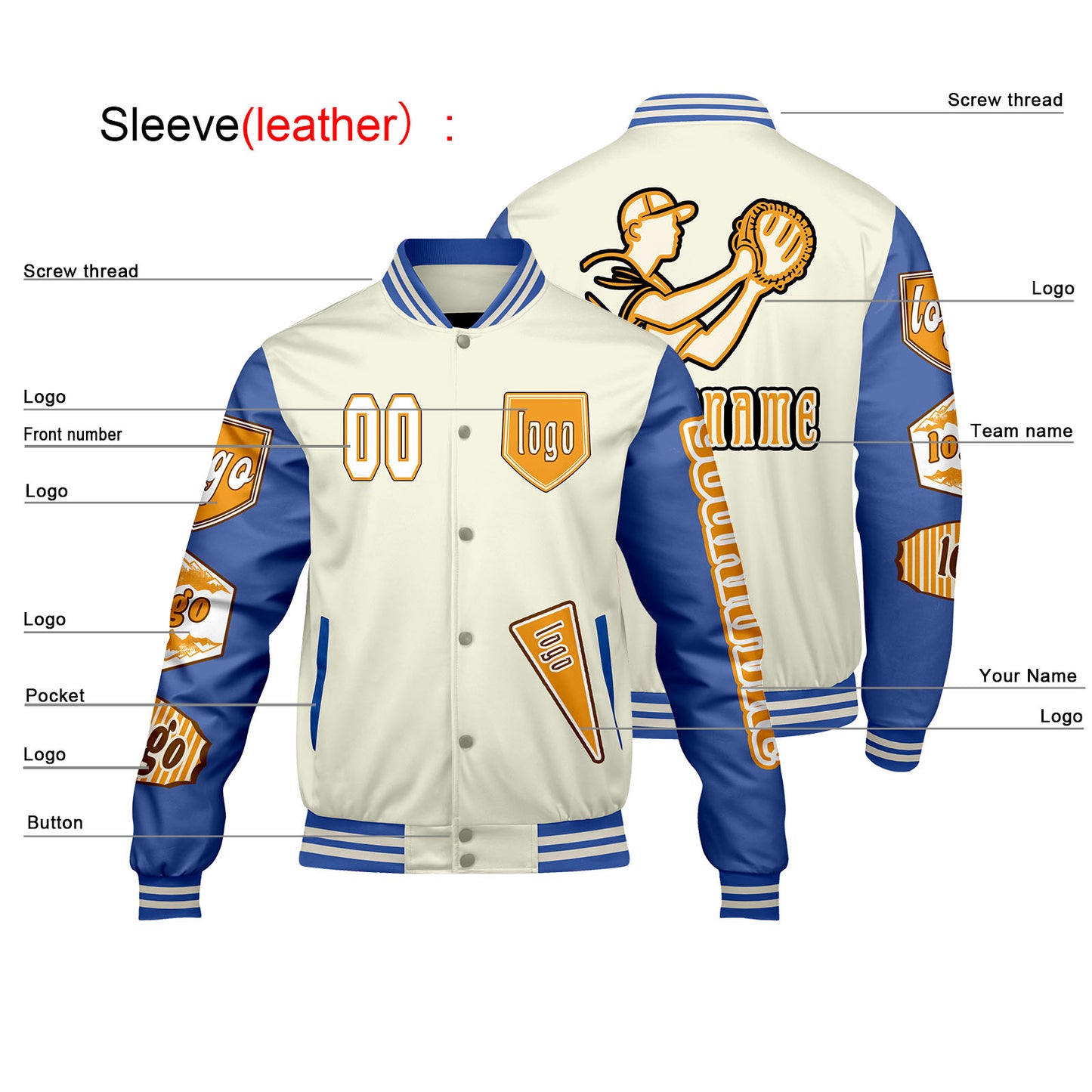 Custom White Bright Blue Letterman Varsity Jacket Personalized Embroidery Printing