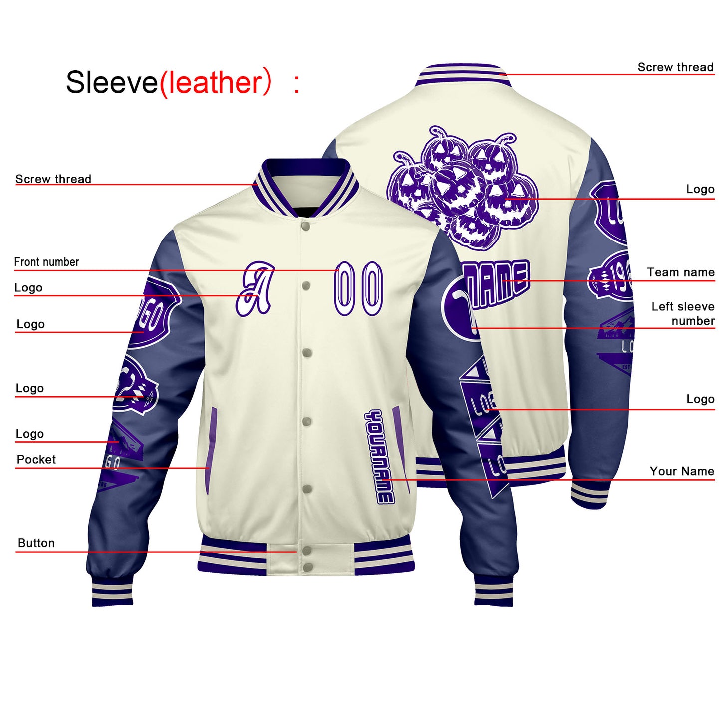Custom White Purple Letterman Varsity Jacket Personalized Embroidery Printing