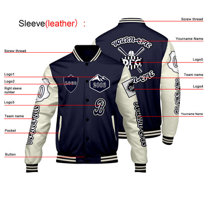 Custom Navy White Letterman Varsity Jacket Personalized Embroidery Printing