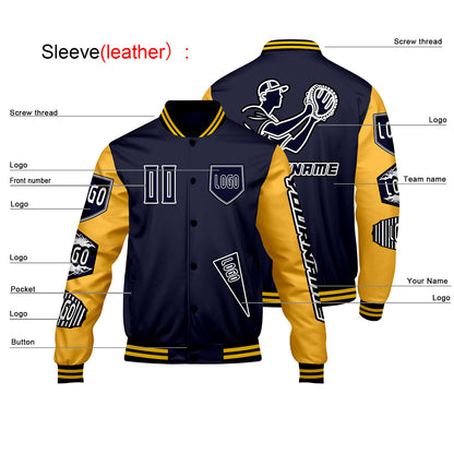 Custom Navy Yellow Letterman Varsity Jacket Personalized Embroidery Printing