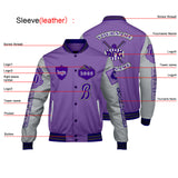 Custom Purple Light Gray Letterman Varsity Jacket Personalized Embroidery Printing