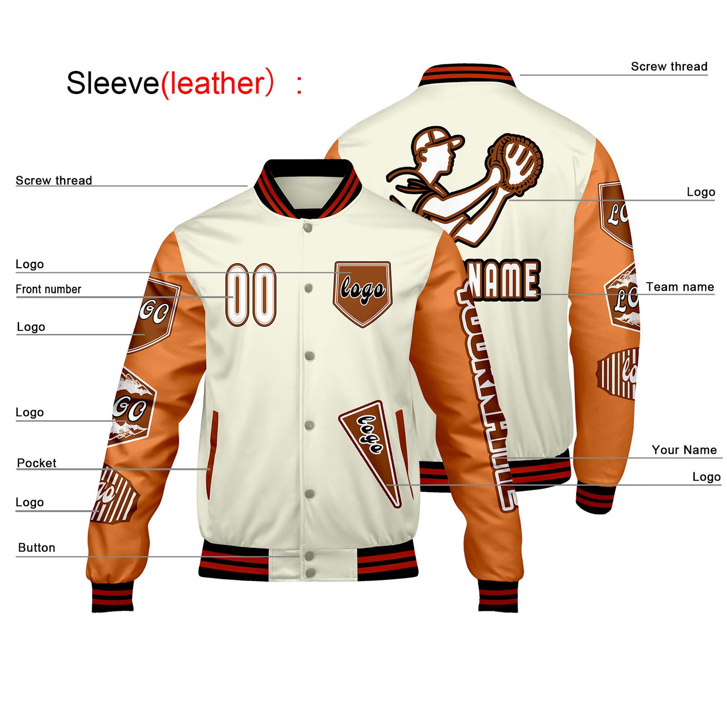 Custom White Dark Orange Letterman Varsity Jacket Personalized Embroidery Printing