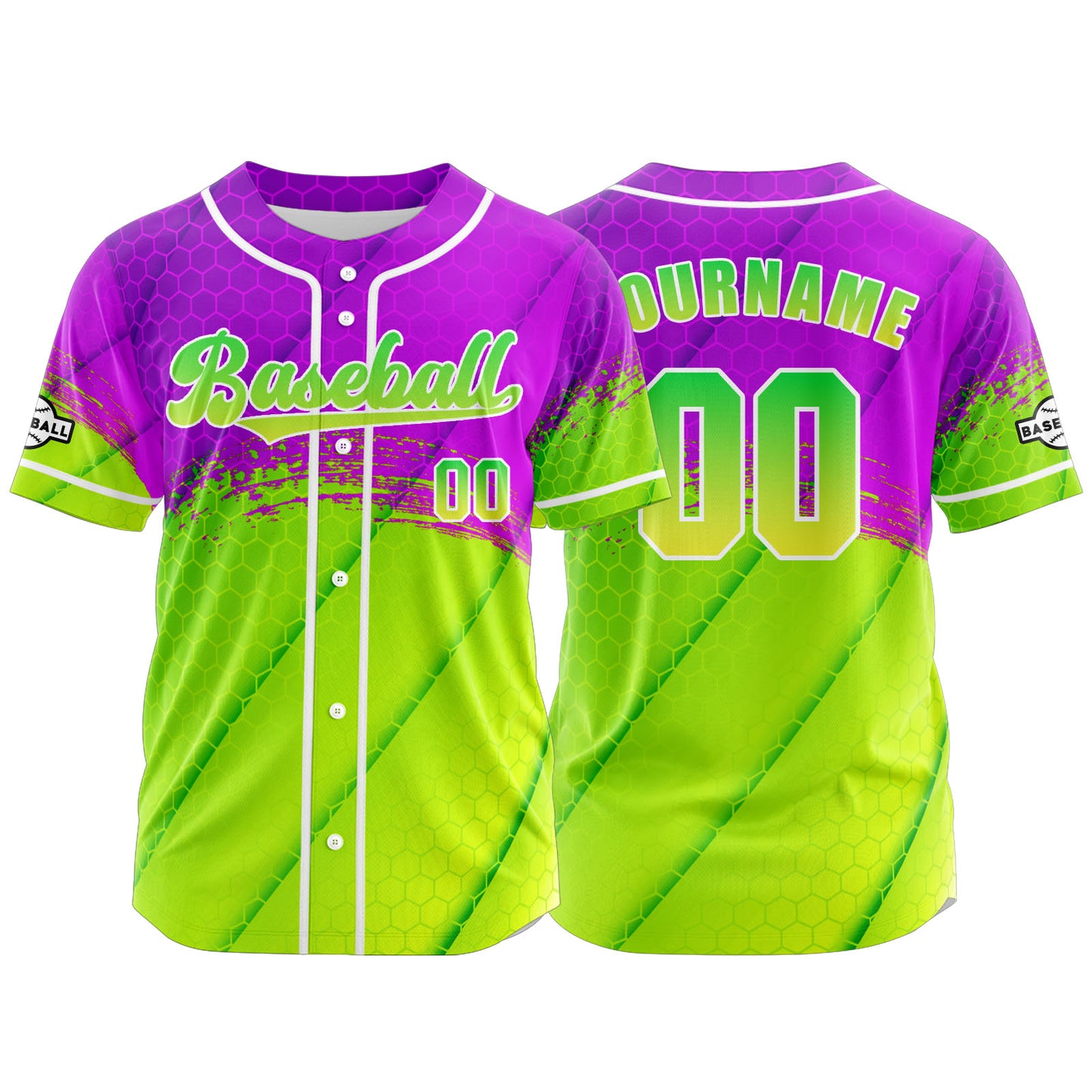 Custom Purple Green Button Down Baseball Jersey for Men Women Adult Youth Print Name Number Logo