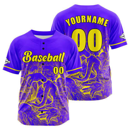 Custom Purple Yellow Button Down Baseball Jersey for Men Women Adult Youth Print Name Number Logo