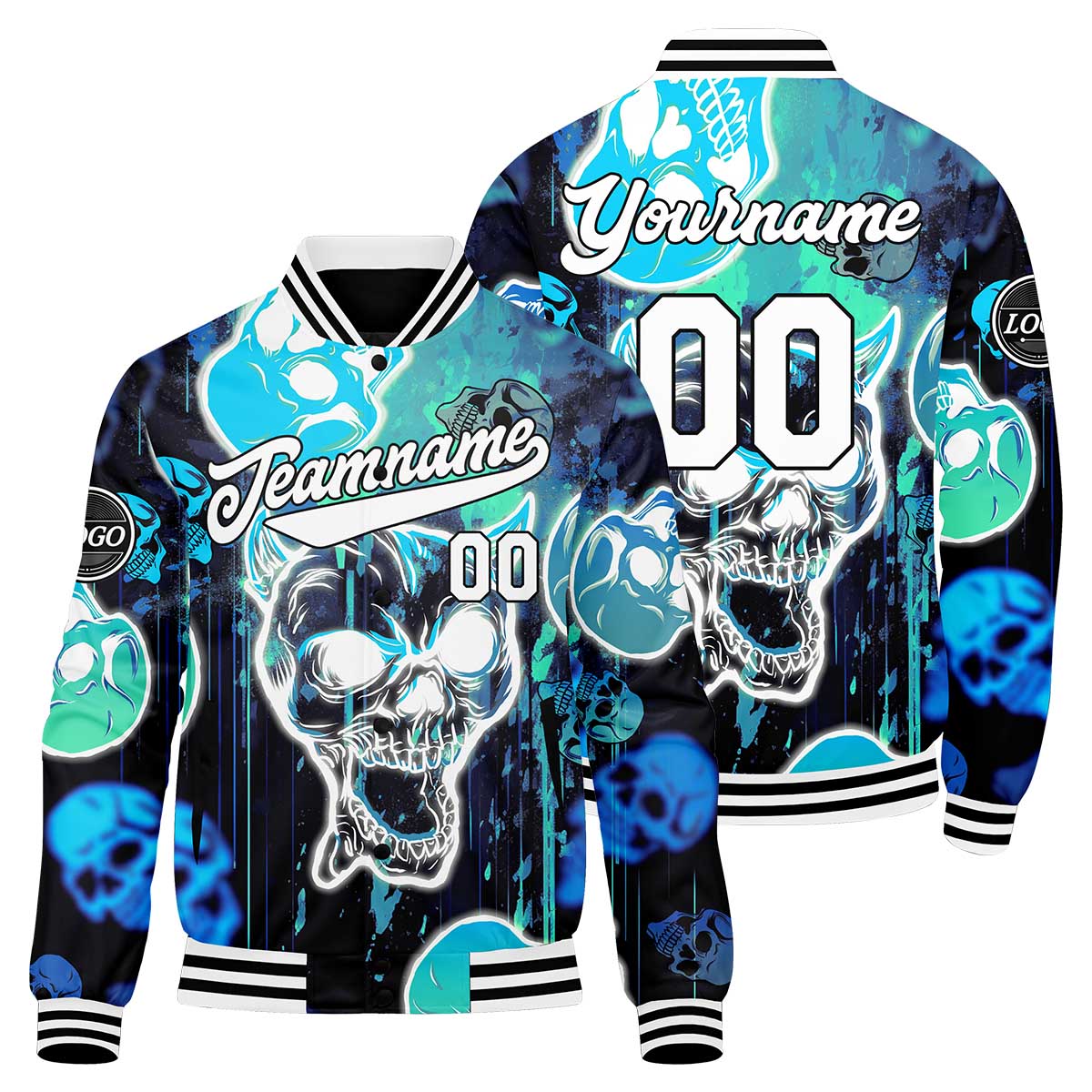 Custom Blurred Skeleton & Blue Varsity Jacket for Men Women and Youth with Personalized Letterman Jacket