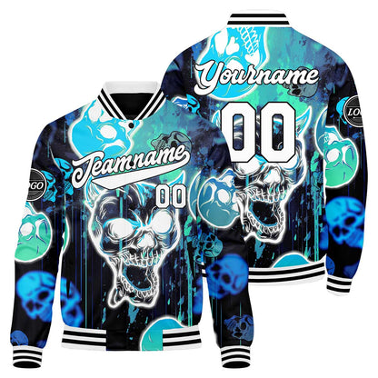 Custom Blurred Skeleton & Blue Varsity Jacket for Men Women and Youth with Personalized Letterman Jacket