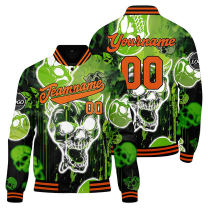 Custom Blurred Skeleton & Green Varsity Jacket for Men Women and Youth with Personalized Letterman Jacket