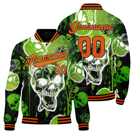 Custom Blurred Skeleton & Green Varsity Jacket for Men Women and Youth with Personalized Letterman Jacket