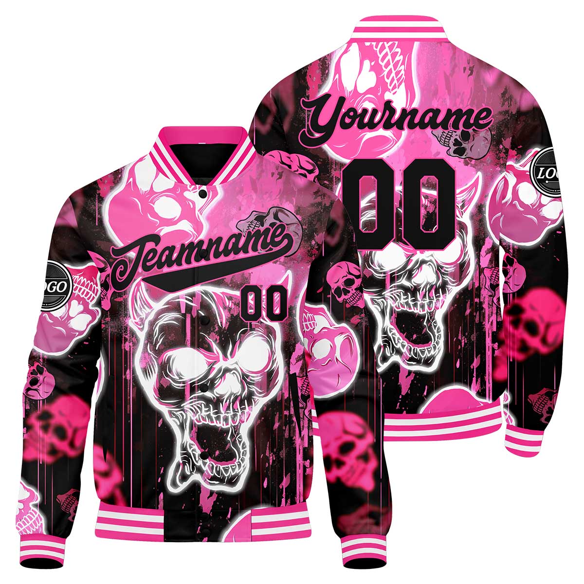 Custom Blurred Skeleton & Pink Varsity Jacket for Men Women and Youth with Personalized Letterman Jacket
