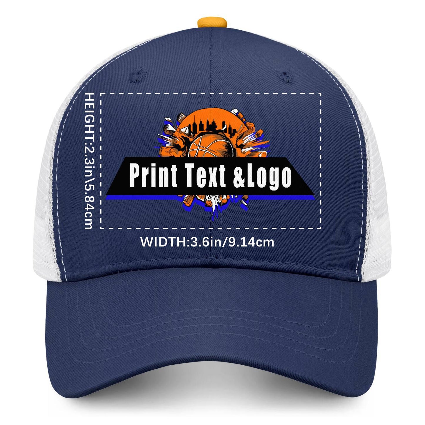 Custom Navy Blue Yellow Two-Tone White Mesh Snapback Cap Unisex Sporty Casual Hats