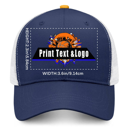 Custom Navy Blue Yellow Two-Tone White Mesh Snapback Cap Unisex Sporty Casual Hats