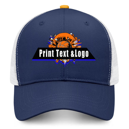 Custom Navy Blue Yellow Two-Tone White Mesh Snapback Cap Unisex Sporty Casual Hats