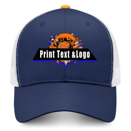 Custom Navy Blue Yellow Two-Tone White Mesh Snapback Cap Unisex Sporty Casual Hats