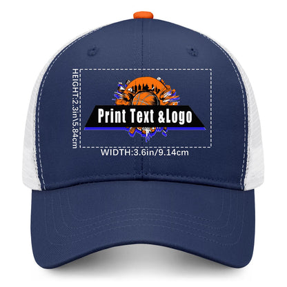 Custom Navy Blue Orange Two-Tone White Mesh Snapback Cap Unisex Sporty Casual Hats