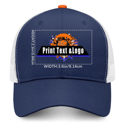 Custom Navy Blue Orange Two-Tone White Mesh Snapback Cap Unisex Sporty Casual Hats