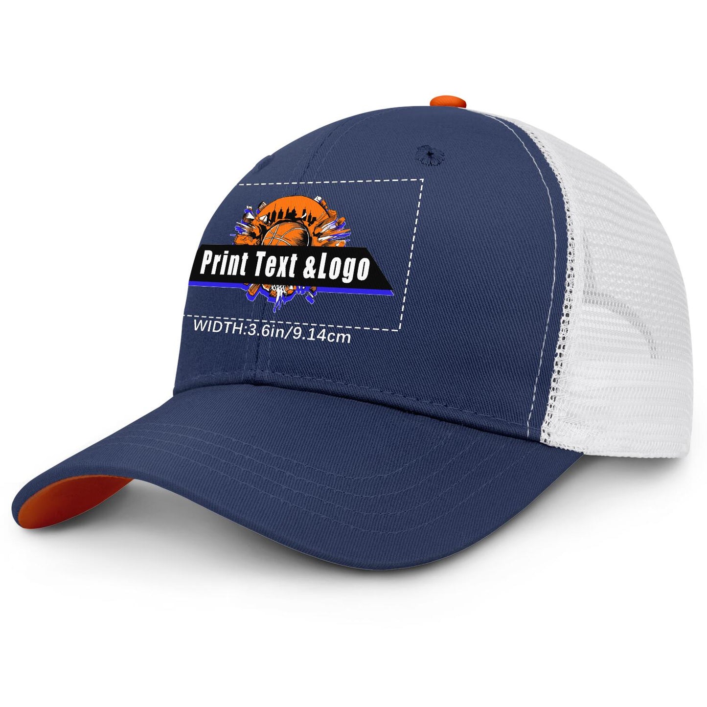Custom Navy Blue Orange Two-Tone White Mesh Snapback Cap Unisex Sporty Casual Hats