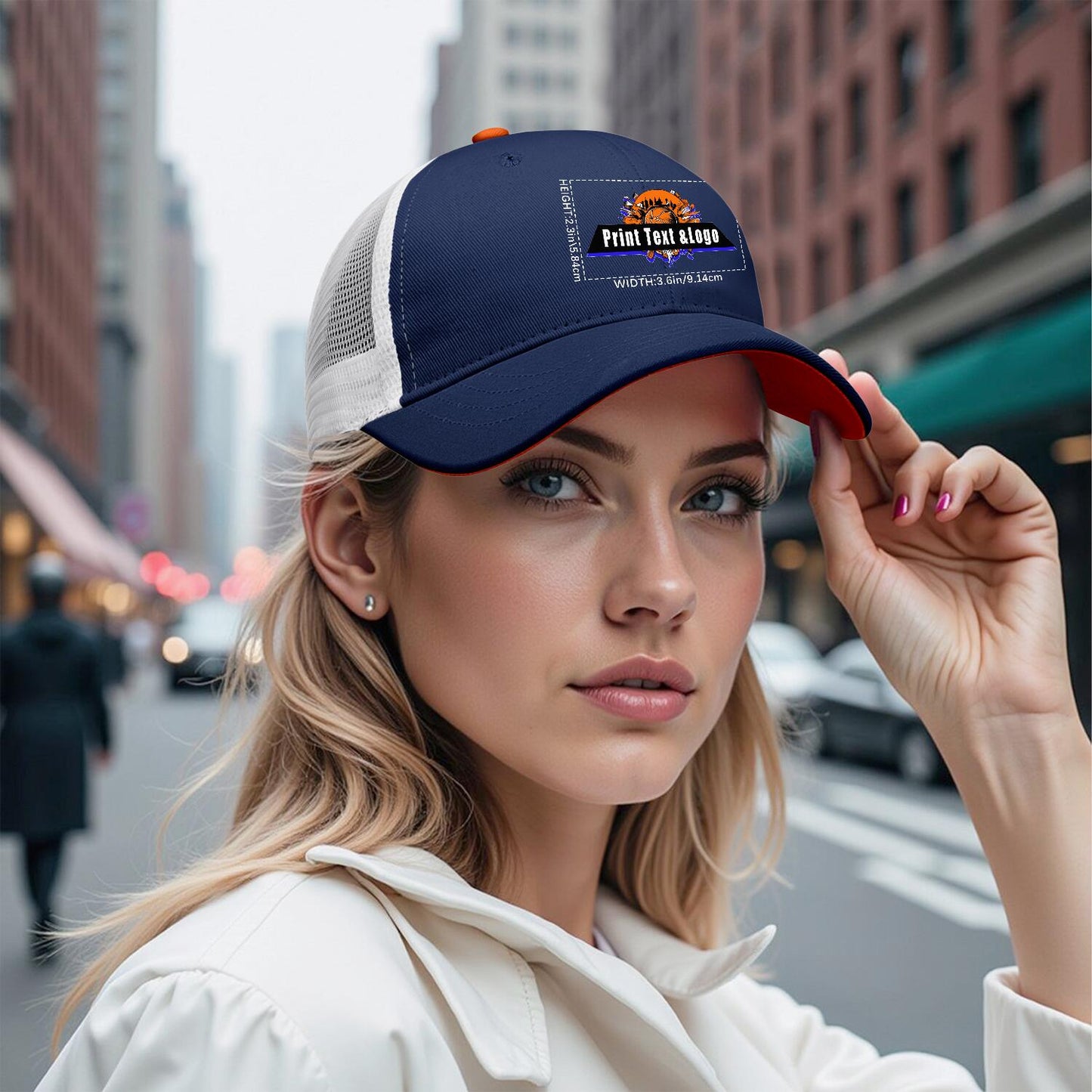 Custom Navy Blue Orange Two-Tone White Mesh Snapback Cap Unisex Sporty Casual Hats