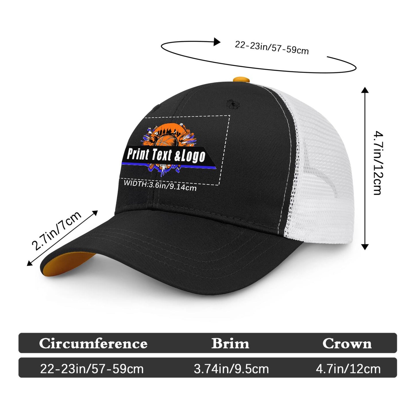 Custom Black Yellow Two-Tone White Mesh Snapback Cap Unisex Sporty Casual Hats