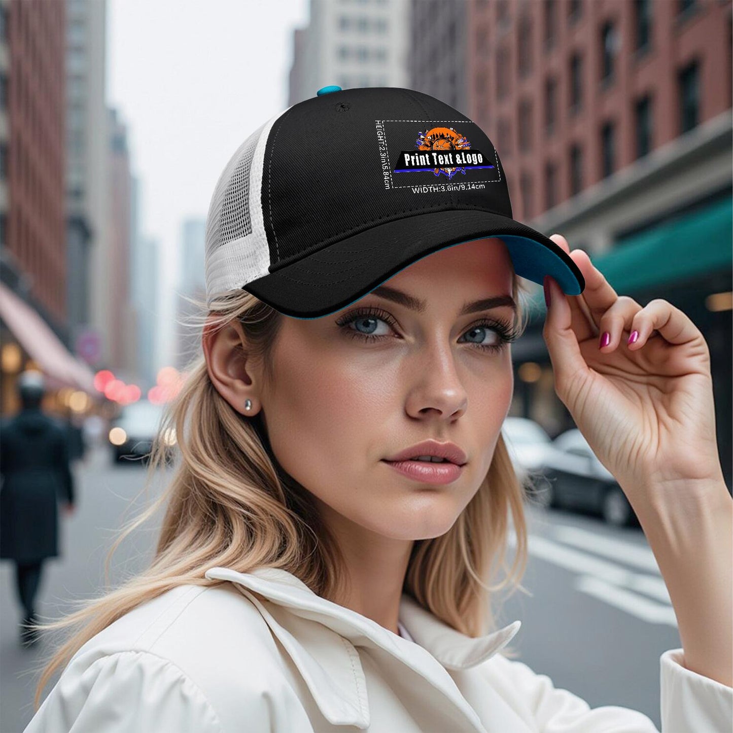Custom Black Peacock Blue Two-Tone White Mesh Snapback Cap Unisex Sporty Casual Hats