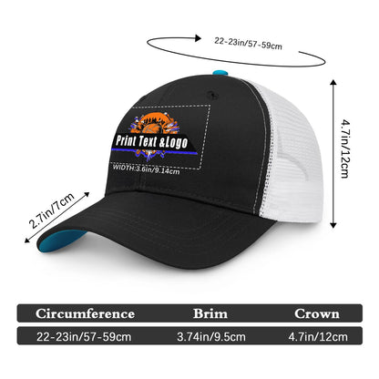 Custom Black Peacock Blue Two-Tone White Mesh Snapback Cap Unisex Sporty Casual Hats