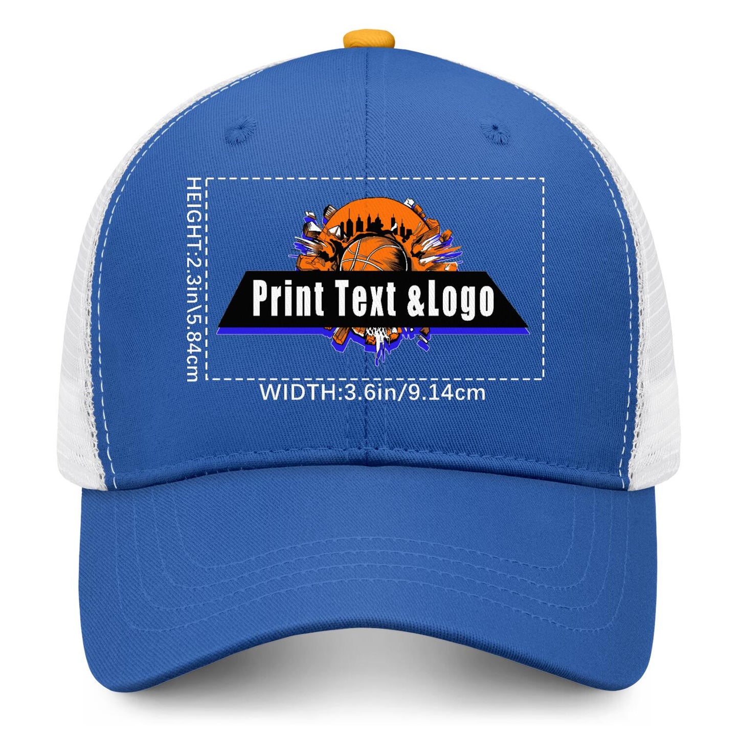 Custom Blue Yellow Two-Tone White Mesh Snapback Cap Unisex Sporty Casual Hats