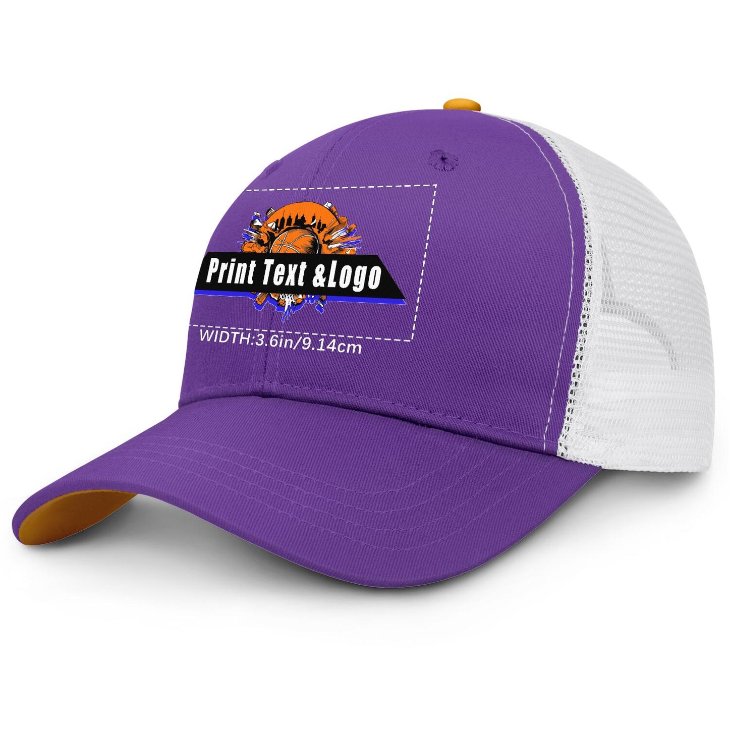 Custom Purple Yellow Two-Tone White Mesh Snapback Cap Unisex Sporty Casual Hats