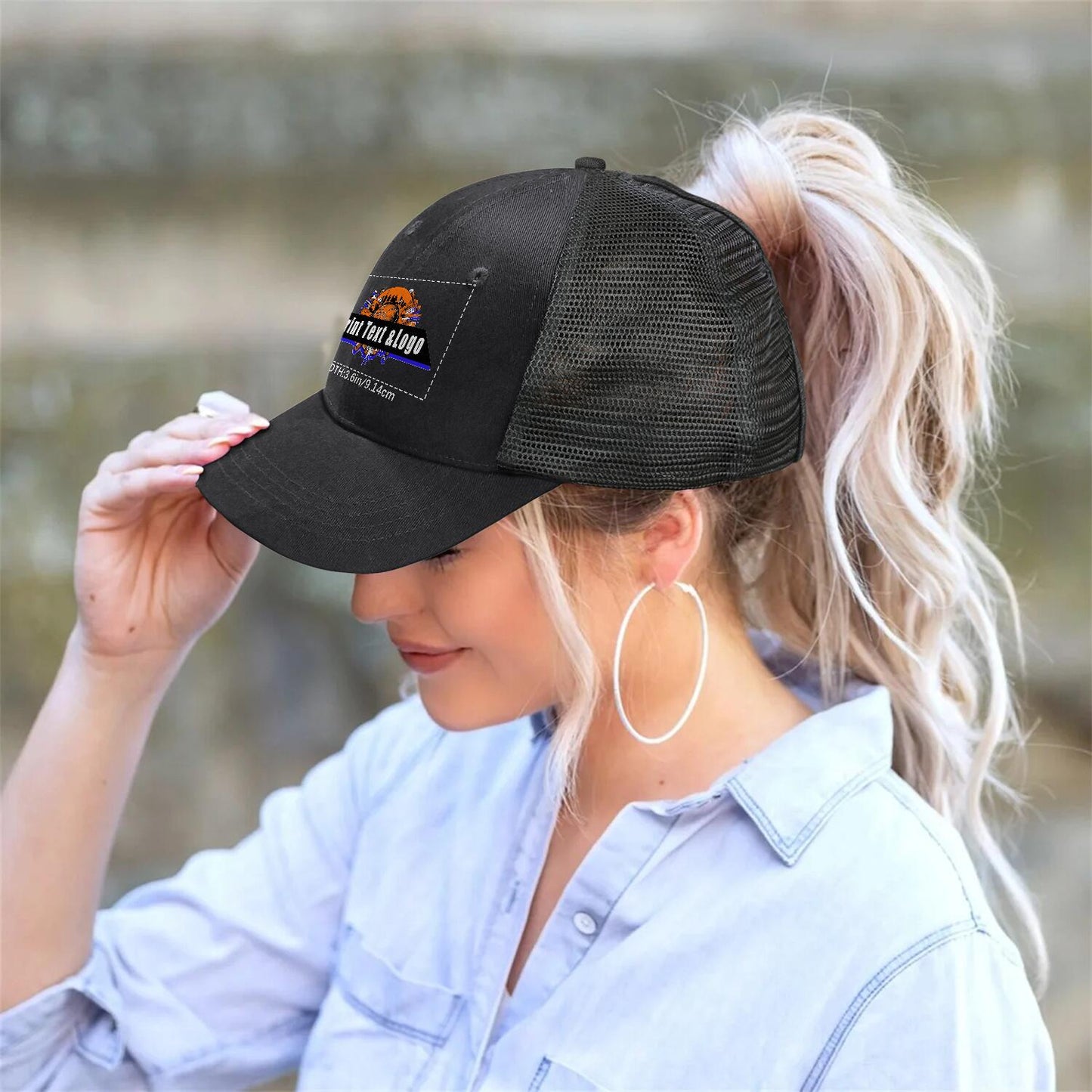 Customized Black Washed Mesh Cowboy Men's and Women's Ponytail Hat with Velcro Can be Printed Logo Text