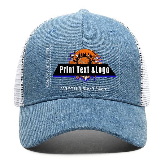 Custom Blue Denim Baseball Cap with Breathable Mesh Panels & Casual Style
