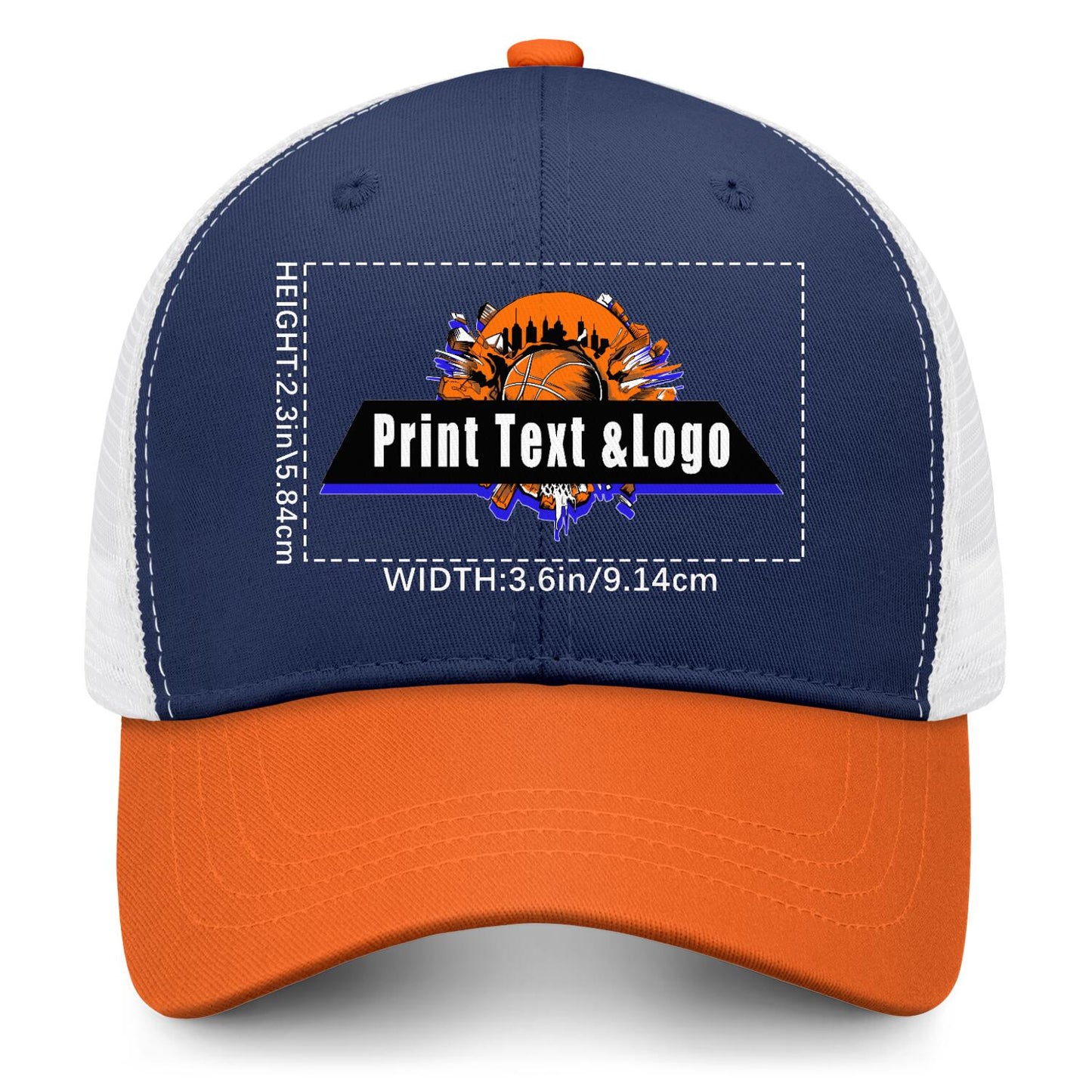 Custom Navy Blue Orange Color-Block Snapback Cap with White Mesh Logo Printing Hats