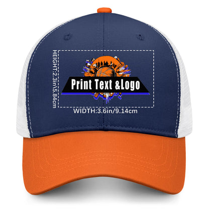 Custom Navy Blue Orange Color-Block Snapback Cap with White Mesh Logo Printing Hats