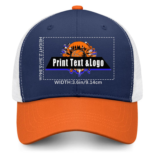 Custom Navy Blue Orange Color-Block Snapback Cap with White Mesh Logo Printing Hats