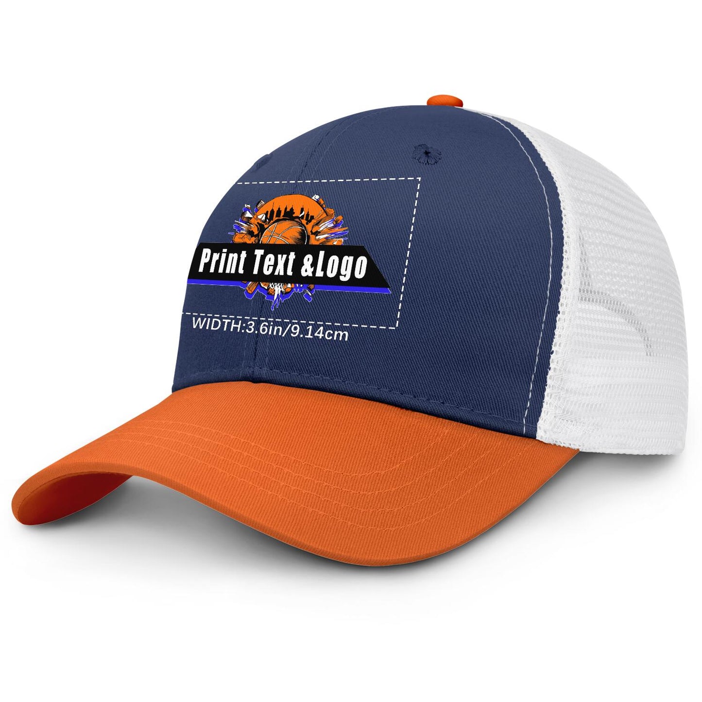Custom Navy Blue Orange Color-Block Snapback Cap with White Mesh Logo Printing Hats