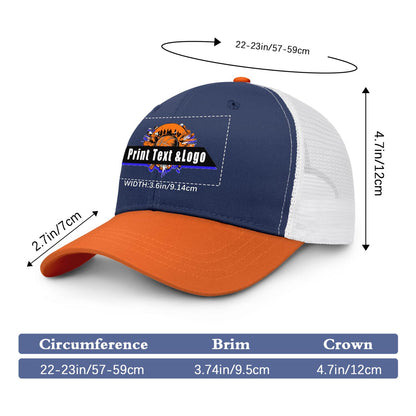 Custom Navy Blue Orange Color-Block Snapback Cap with White Mesh Logo Printing Hats